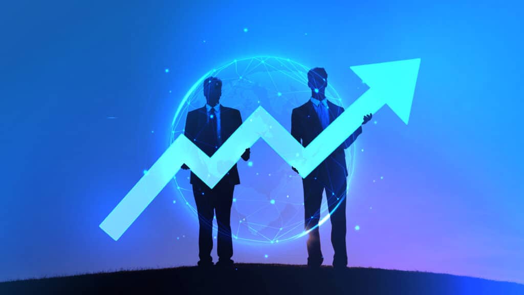 Abstract depiction of two businessmen holding an increase graph